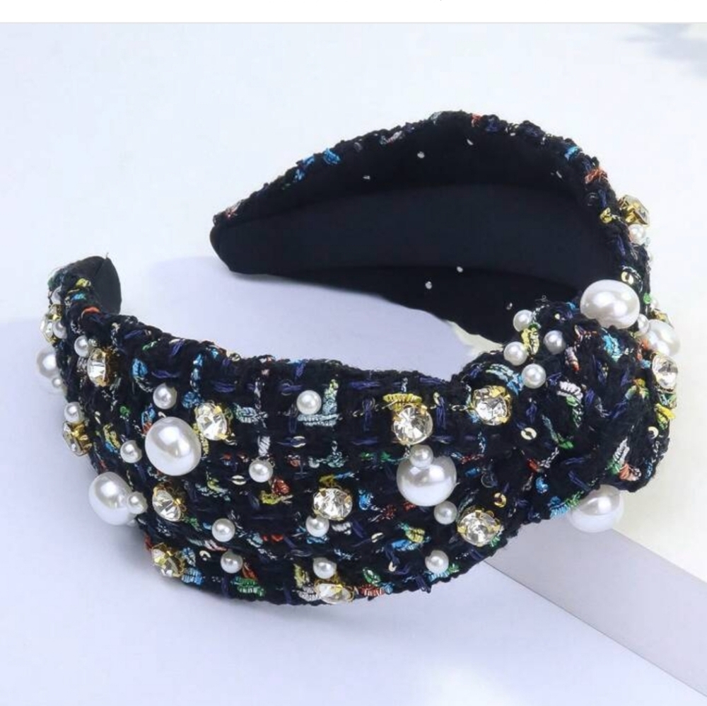 Tweed Rhinestone Black Pearl Embellished Headband